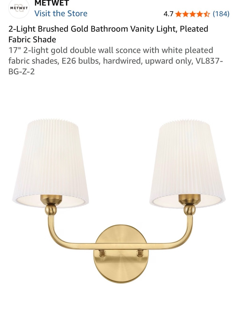 Brushed Gold 2-Light Bathroom Sconce with White Pleated Shades